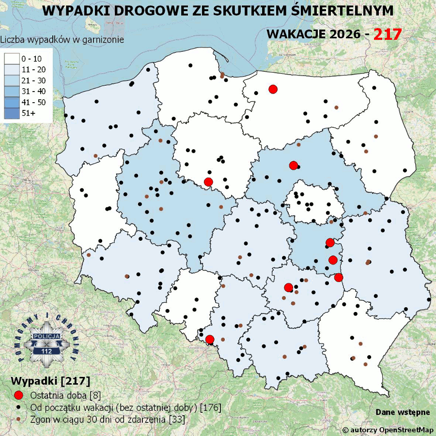 Mapa prezentująca liczbę wypadków poprzedniej doby w Polsce. Prezentowane dane są dostępne w tekście poniżej.