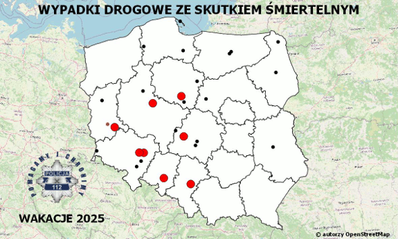Policyjna mapa wypadków drogowych ze skutkiem śmiertelnym – Wakacje 2025
