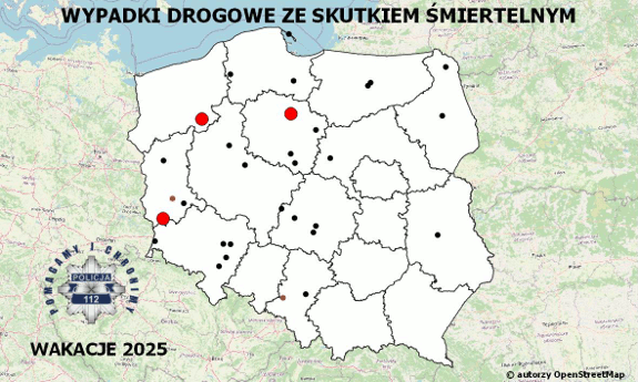 Policyjna mapa wypadków drogowych ze skutkiem śmiertelnym – Wakacje 2025